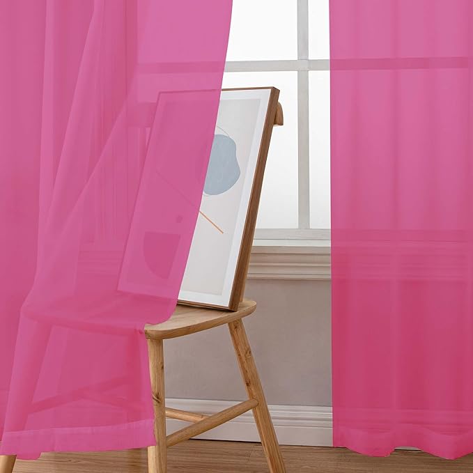 Chyhomenyc Sheer Hot Pink Curtains 90 inches Long 2 Panels, Light Filtering Soft Airy Solid Elegant Voile Window Treatment Drapes for Bedroom Living Room, 42Wx90L Inches