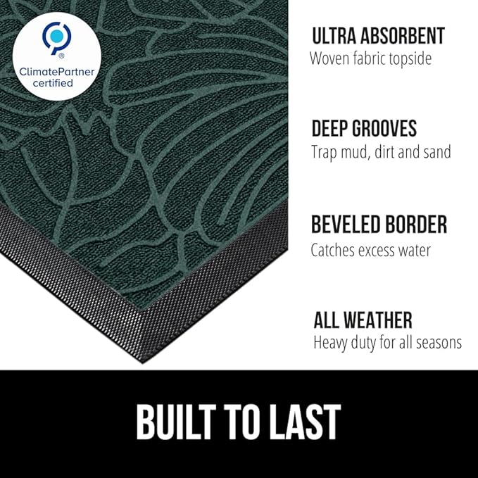 GORILLA GRIP 100% Waterproof All-Season WeatherMAX Doormat 35x23, US Designed Natural Rubber, Stain and Fade Resistant, Low Profile Indoor Outdoor Door Mats, Easy Clean Patio Mat, Green Palm