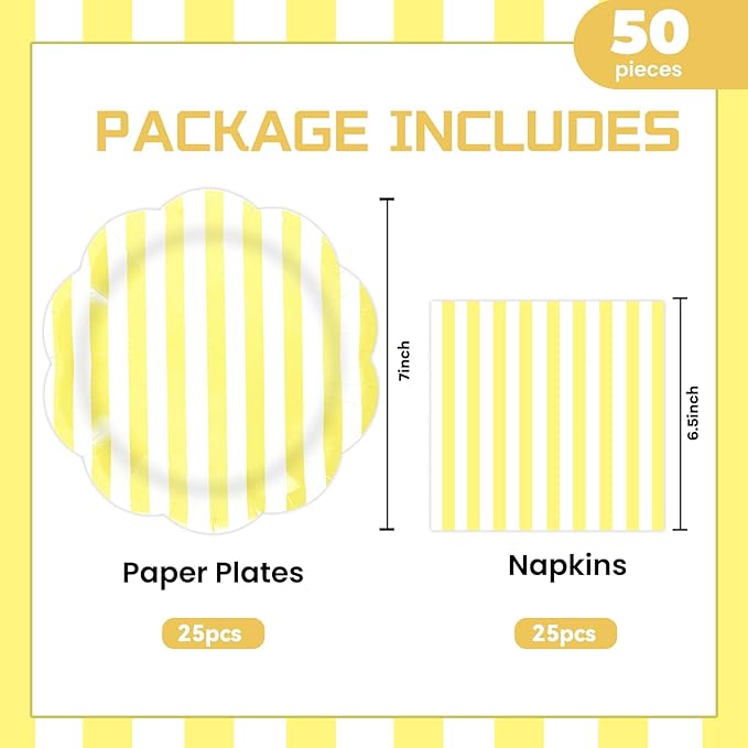 50PCS Yellow Striped Paper Plates and Napkins Party Supplies, Yellow and White Scalloped Party Plates and Napkins Tableware Set for Birthday Bridal & Baby Shower Wedding Party Decoration