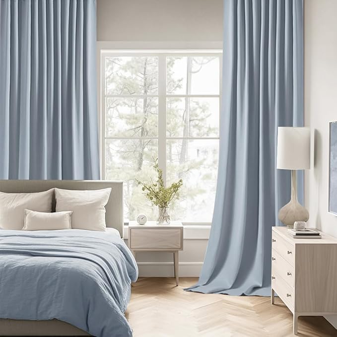 MIULEE Light Blue Back Tab Blackout Curtain 96 Inch Long 2 Panels Set for Bedroom, Rod Pocket/Pinch Pleat Thermal Insulated Living Room Darkening Pleated Light Blocking Floor to Ceiling Drape