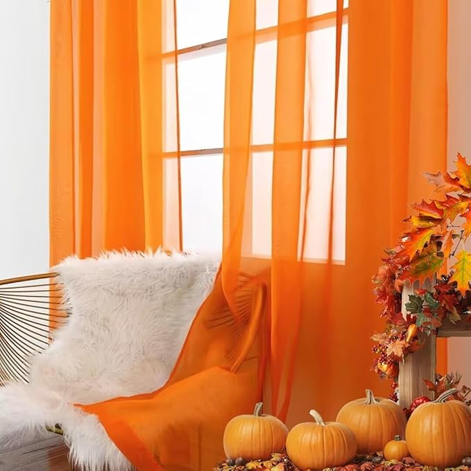 SpaceDresser Basic Rod Pocket Sheer Voile Window Curtain Panels White 1 Pair 2 Panels 70 Width 108 Inch Long for Kitchen Bedroom Children Living Room Yard(Orange,70 W x 108 L)
