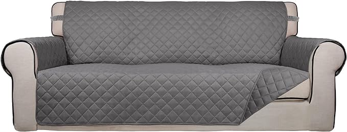 PureFit Reversible Quilted Sofa Cover, Water Resistant Slipcover Furniture Protector, Washable Couch Cover with Non Slip and Elastic Straps for Kids, Pets (Oversized Sofa, Gray/Gray)