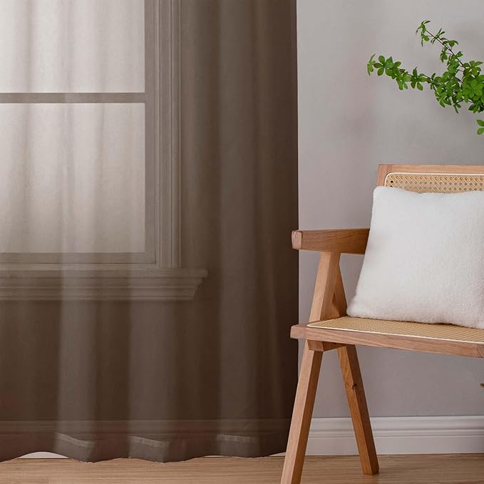 Chocolate Sheer Curtains for Bedroom Living Room 45 Inch Length 2 Panels, Soft Light Filtering Small Kitchen Window Curtains, Rod Pocket Short Curtain Drapes, Chocolate, 42" Wx45 L Inches