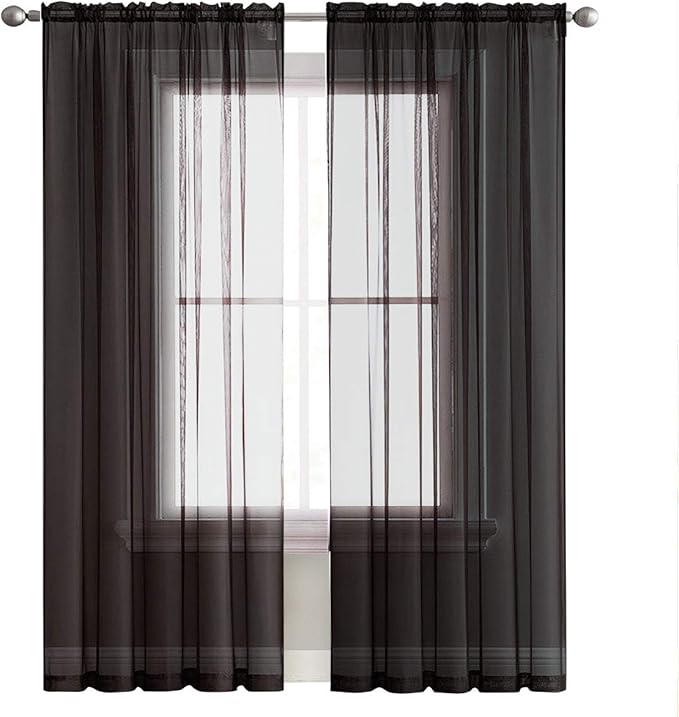 SpaceDresser Sheer Voile Window Treatment Rod Pocket Curtain Panels for Kitchen Bedroom Living Room Drapes Sunlight Filtering Privacy Semi Home Decor Assorted (Black, 52 W x 108 L)