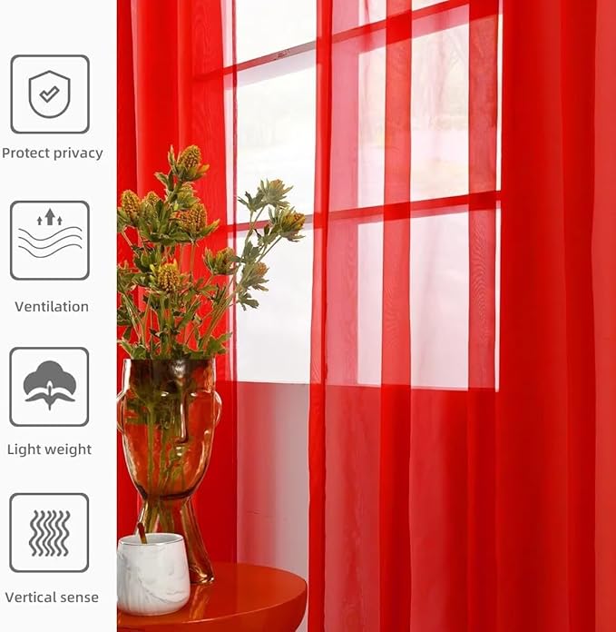 youleyar Solid Sheer Rod Pocket Curtain Voile Draperies 2 Panels White Beige Black Red Coffee 38 Inch Width 63 Inch Long 1 Pair for Kitchen Bedroom Children Living Room Yard(Red,38Wｘ63L)