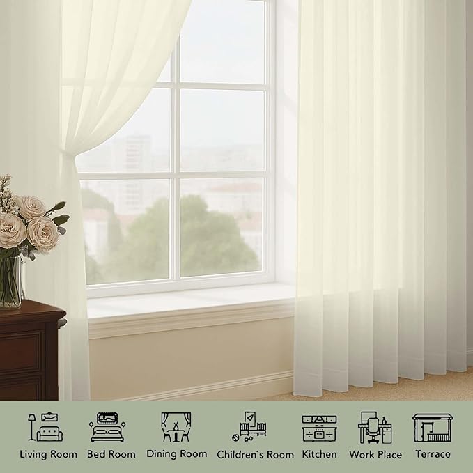 OWENIE Sheer Cream Curtains 108 Inches Long for Living Room Bedroom 2 Panels Set, Lightweight Airy Cream Sheer Curtain, Filmy Voile Rod Pocket, 2 PCS, Each 59" W x 108" L