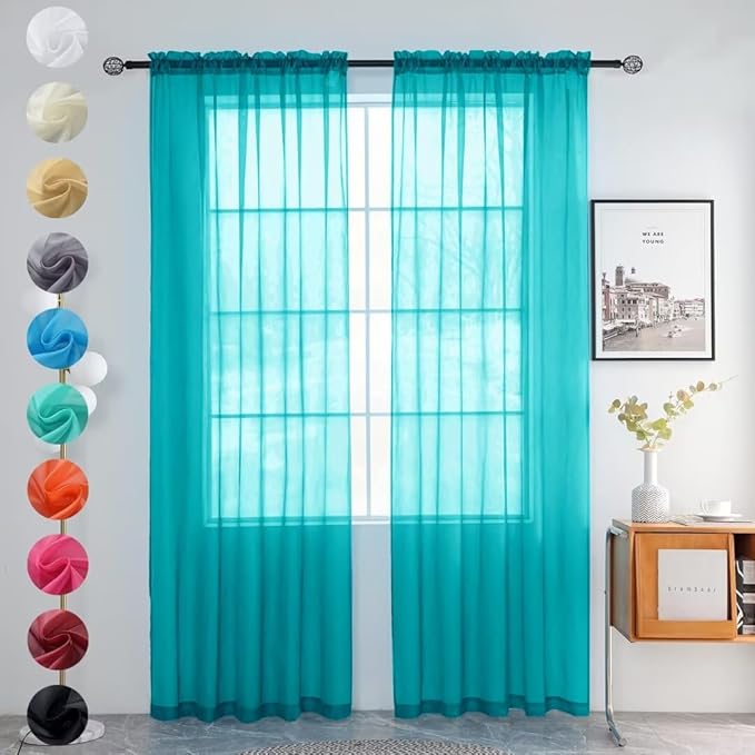youleyar Solid Sheer Rod Pocket Curtain Voile Draperies 2 Panels White Beige Black Grey Coffee 52 Inch Width 63 Inch Long 1 Pair for Kitchen Bedroom Children Living Room Yard (Peacock Blue,52Wｘ63L)