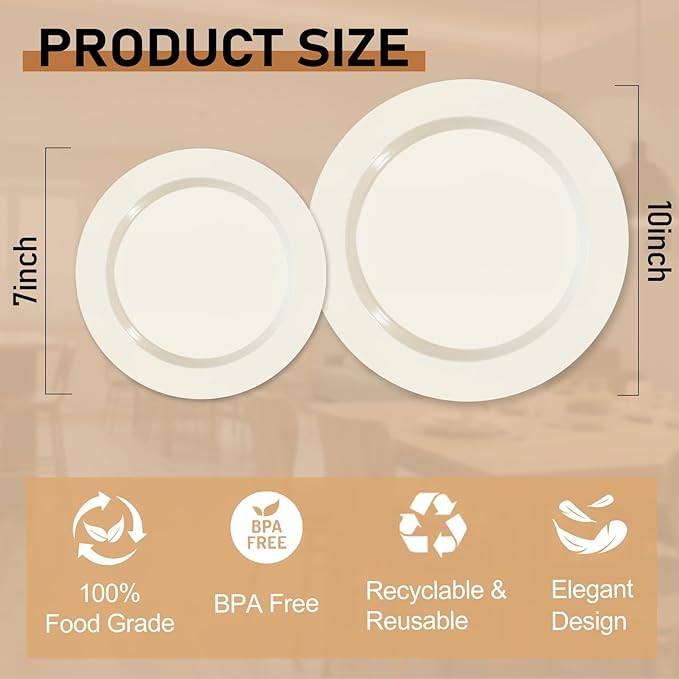 200 PCS Ivory Plastic Plates, Ivory Plastic Disposable Party Plates Include 100 Dinner Plate 10 inch and 100 Dessert Plate 7 inch Perfect for Birthday, Party & Christmas