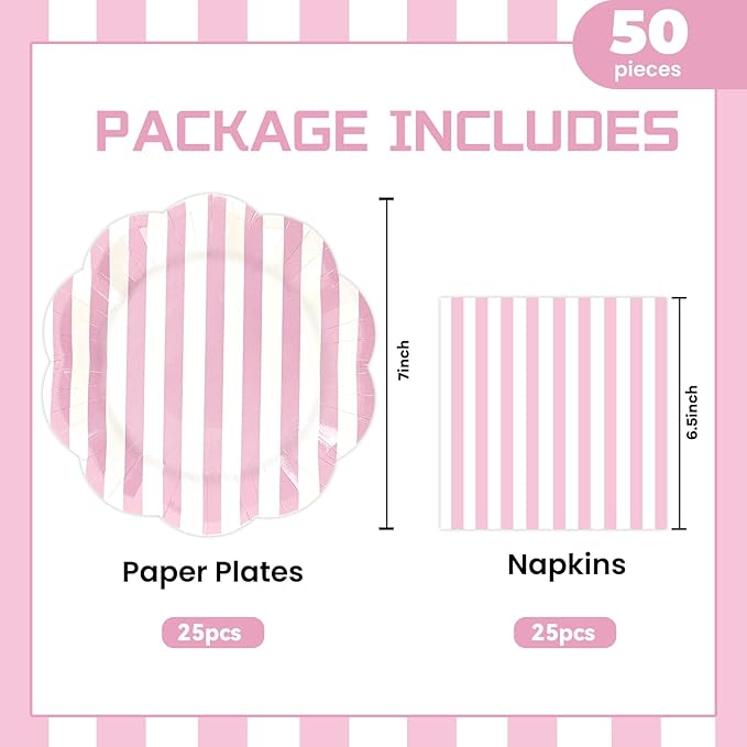 50PCS Pink Striped Paper Plates and Napkins Party Supplies, Pinkand White Scalloped Party Plates and Napkins Tableware Set for Birthday Bridal & Baby Shower Wedding Party Decoration (Pink)
