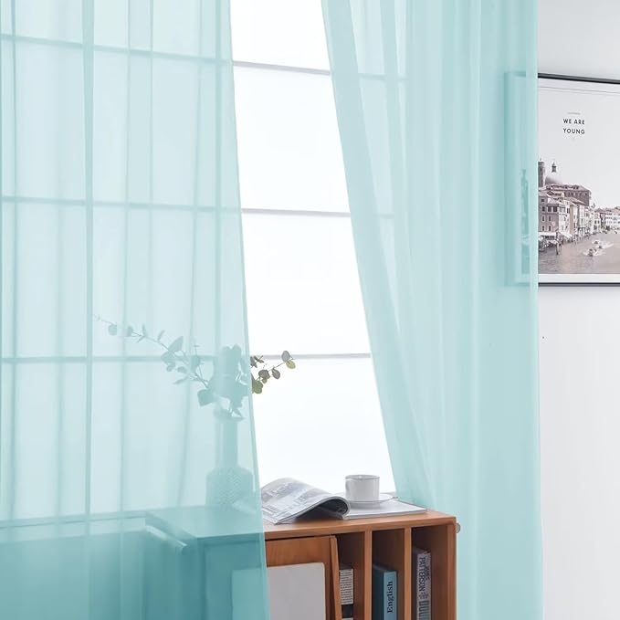 SpaceDresser Basic Rod Pocket Sheer Voile Window Curtain Panels Sky Blue 1 Pair 2 Panels 52 Width 45 Inch Long for Kitchen Bedroom Children Living Room Yard（Sky Blue, 52W x 45L）