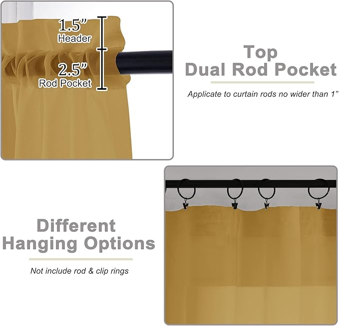 Gold Valances for Windows, Gold Sheer Curtains 14 Inch Length 2 Pack Kitchen Drapes, Modern Solid Mini Small Window Curtains for Cafe Bathroom Basement, Each 42" Wx14 L Inches