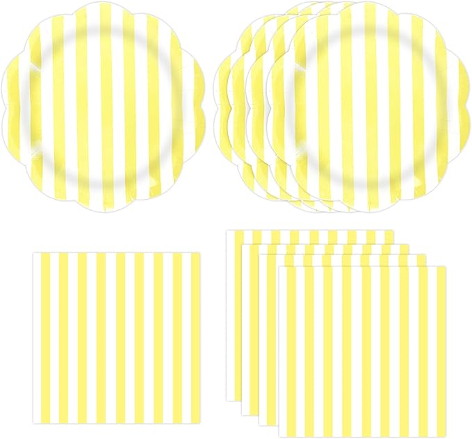 50PCS Yellow Striped Paper Plates and Napkins Party Supplies, Yellow and White Scalloped Party Plates and Napkins Tableware Set for Birthday Bridal & Baby Shower Wedding Party Decoration