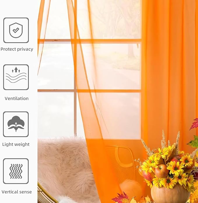 youleyar Solid Sheer Rod Pocket Curtain Voile Draperies 4 Panels White Beige Black Grey Ivory 52 Inch Width 54 Inch Long 1 Pair for Kitchen Bedroom Children Living Room Yard(Orange,52 Wｘ54 L)
