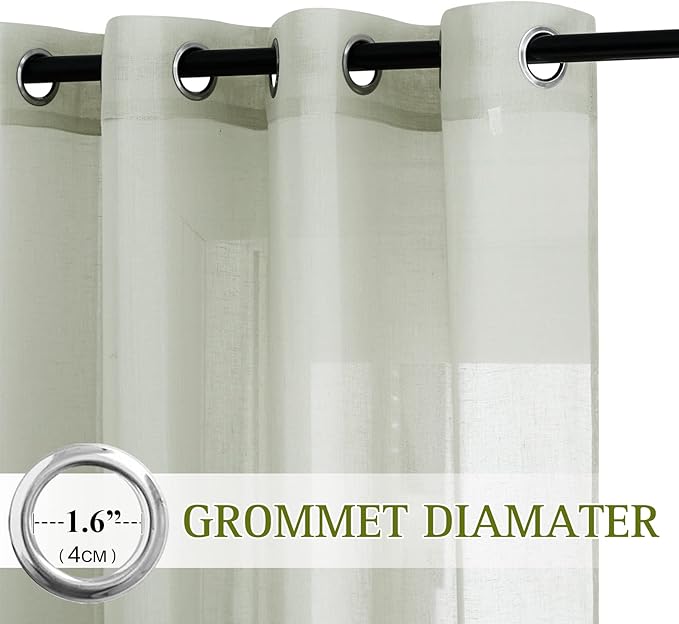 NICETOWN Flax Linen Sheer Curtains for Bedroom, Retro Grommet Top Linen Blend Semitransparent Privacy Window Treatment Light Filtering for Living Room, Sage Green, 52" W x 72" L, Set of 2