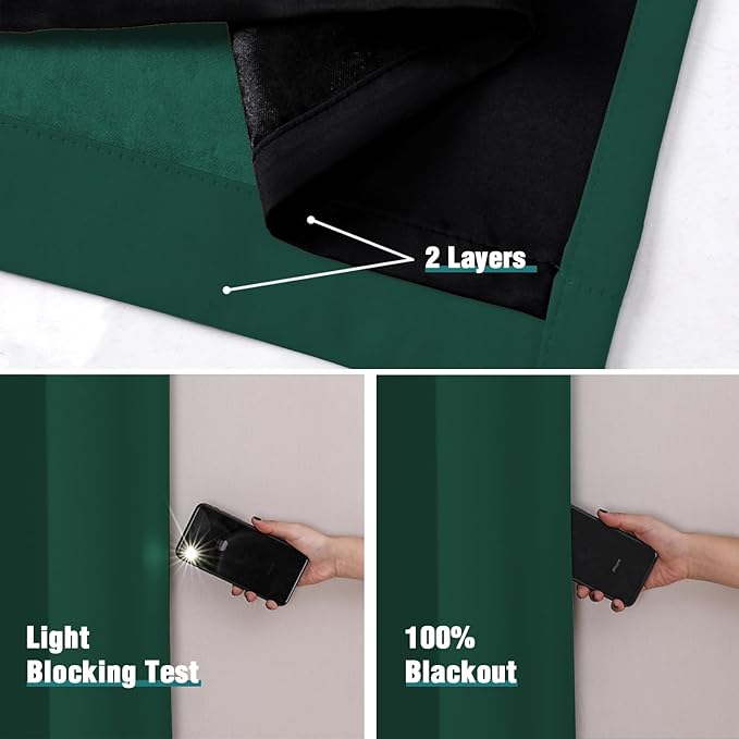 ChrisDowa 100% Blackout Curtains 108 inch Long for Bedroom with Black Liner, 2 Thick Layers Total Blackout Thermal Insulated Grommet Window Curtains 2 Panels Set (Forest Green, 52 x 108 Inch)
