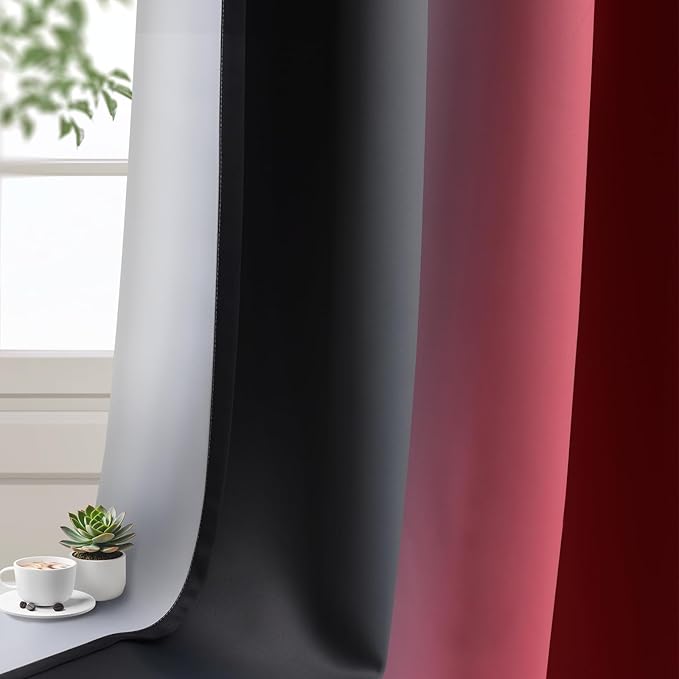 Yakamok Blackout Ombre Burgundy and Black Curtains for Bedroom, Gradient Room Darkening Curtains, Grommet Thermal Insulated Light Blocking Window Drapes/Curtain for Living Room,52 x 72 Inch,2 Panels