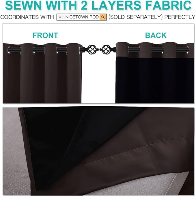 NICETOWN Truly Blackout Curtains 54 inches Length, 2 Thick Layers Completely Blackout Window Treatment Thermal Insulated Lined Drapes for Basement Window (Brown, 1 Pair, 52 inches Width Each Panel)