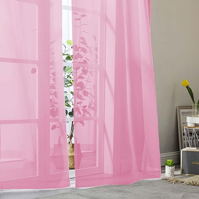 Pink Sheer Curtains for Bedroom Living Room 45 Inch Length 2 Panels, Soft Airy Light Filtering Small Kitchen Window Curtains, Rod Pocket Short Curtain Drapes, Pink, 42" Wx45 L Inches