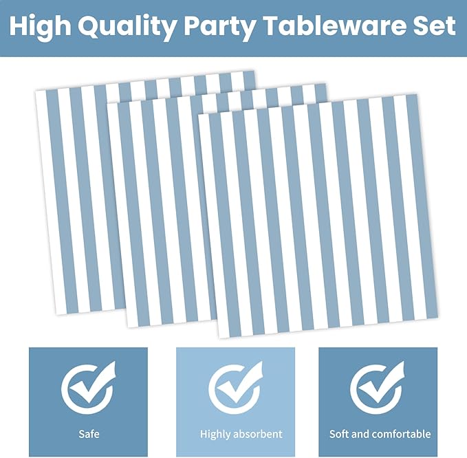 50PCS Blue Striped Paper Plates and Napkins Party Supplies, Blue and White Scalloped Party Plates and Napkins Tableware Set for Birthday Bridal & Baby Shower Wedding Party Decoration