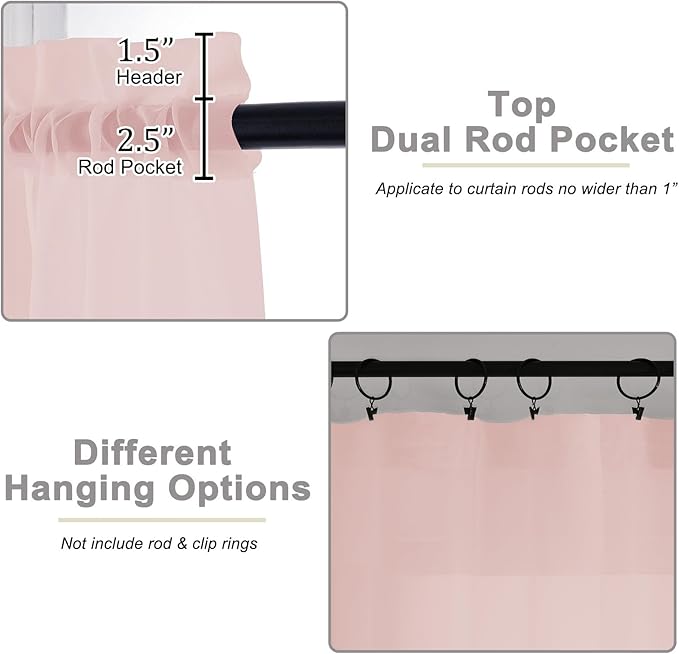 Blush Sheer Curtains for Bedroom Living Room 90 Inches Long 2 Panels Set, Soft Airy Light Filtering Sheer Window Treatments, Modern Rod Pocket Curtains Drapes, Each 42" Wx90 L Inch