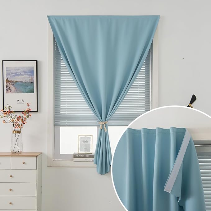 Self Adhesive Curtains, Black Out Shade for Window, Blackout Fabric Temporary Window Coverings Easy to Hang Curtains No Rod Needed, Use for Bedroom, Room, Kitchen, 47"W X 71"L, Lake Blue, 1 Panel