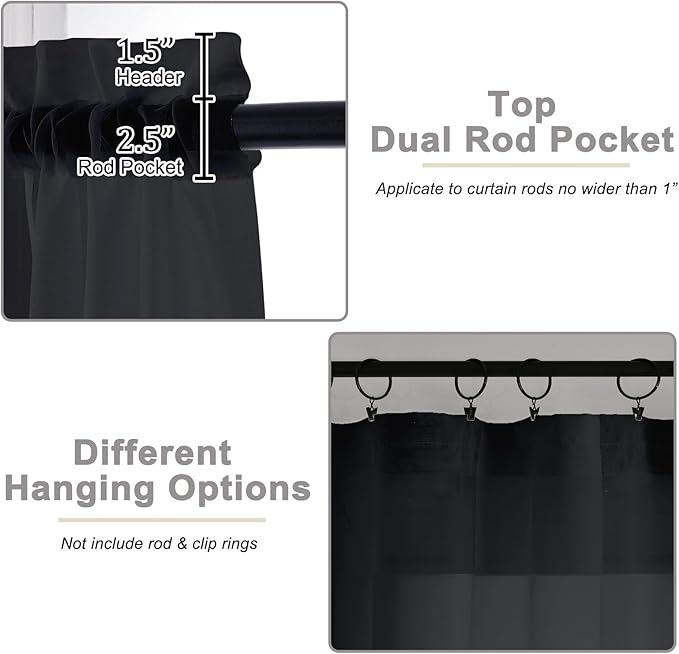 Sheer Black Curtains for Bedroom Living Room 90 Inches Long 2 Panels Set, Soft Airy Light Filtering Sheer Window Treatments, Modern Rod Pocket Curtains Drapes, Each 42" Wx90 L Inch