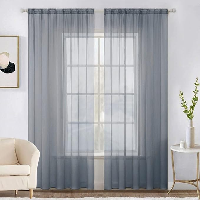 MIULEE 2 Panels Solid Color Sheer Window Curtains Elegant Window Voile Panels/Drapes/Treatment for Bedroom Living Room (54X96 Inches Dark Grey)