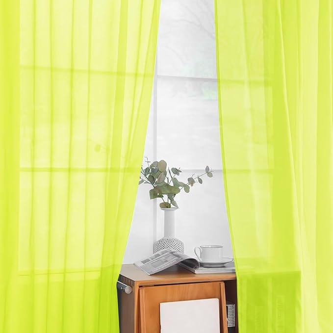 youleyar Solid Sheer Rod Pocket Curtain Voile Draperies 2 Panels White Beige Black Grey Ivory 52 Inch Width 96 Inch Long 1 Pair for Kitchen Bedroom Children Living Room Yard (Chartreuse,52Wｘ96L)