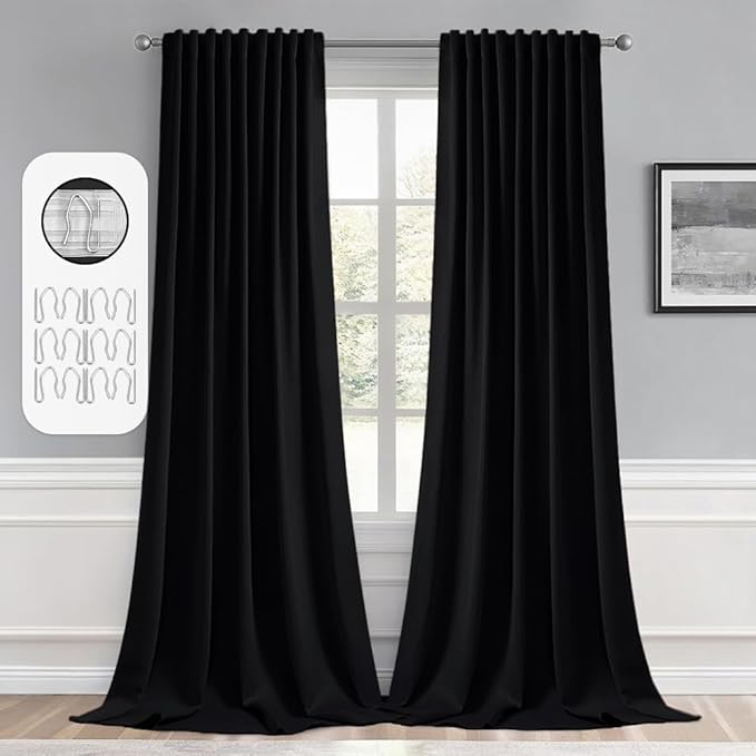 MIULEE Back Tab Blackout Curtains 120 Inch Long 2 Panels Set for Living Room Bedroom Privacy, Halloween Black Rod Pocket/Pinch Pleated Extra Long Thermal Insulated Room Darkening Light Blocking Drapes