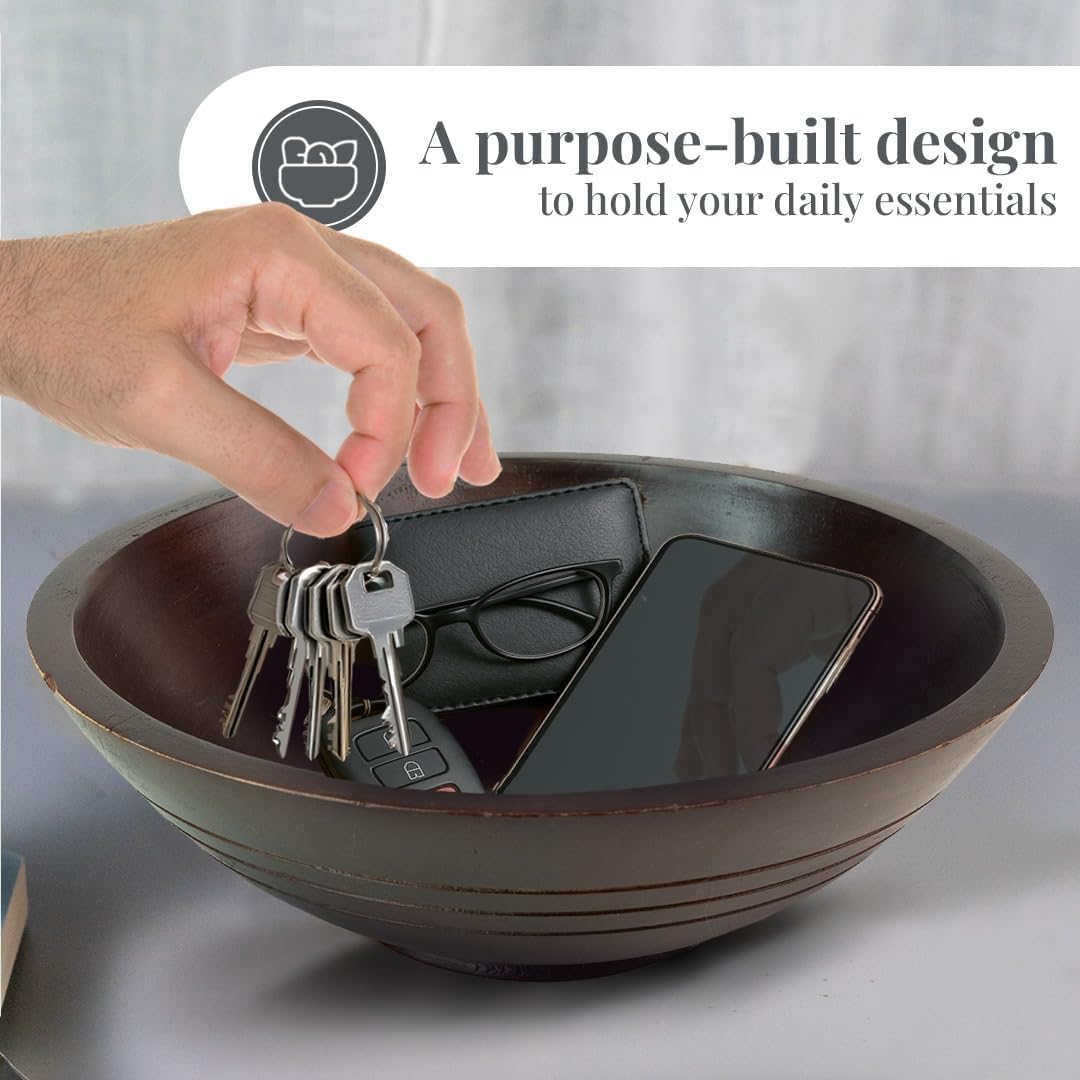 Folkulture Wooden Fruit Bowl for Kitchen Counter | 11" Large Premium Eco Friendly Banana Fruit Basket for Kitchen | Mango Wood Bowl, Black Fruit Bowl for Table Decor, Centerpiece for Dining