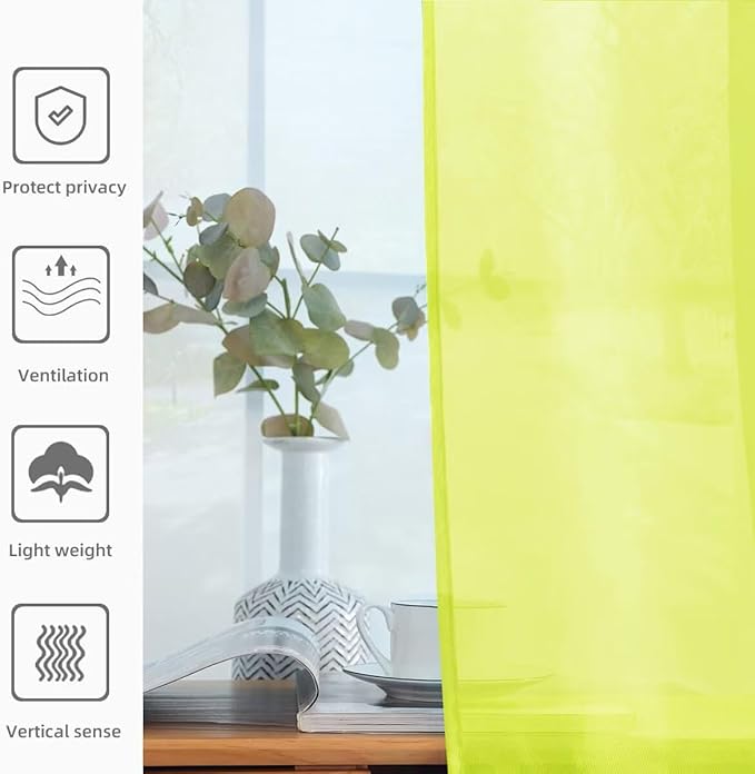 youleyar Solid Sheer Rod Pocket Curtain Voile Draperies 2 Panels White Beige Black Grey Ivory 52 Inch Width 54 Inch Long 1 Pair for Kitchen Bedroom Children Living Room Yard (Chartreuse,52Wｘ54L)