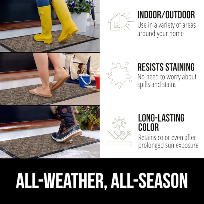 GORILLA GRIP 100% Waterproof All-Season WeatherMAX Doormat, 72x24, US Designed Natural Rubber, Stain and Fade Resistant, Low Profile Indoor Outdoor Door Mats, Easy Clean Patio Mat, Taupe Basket Weave