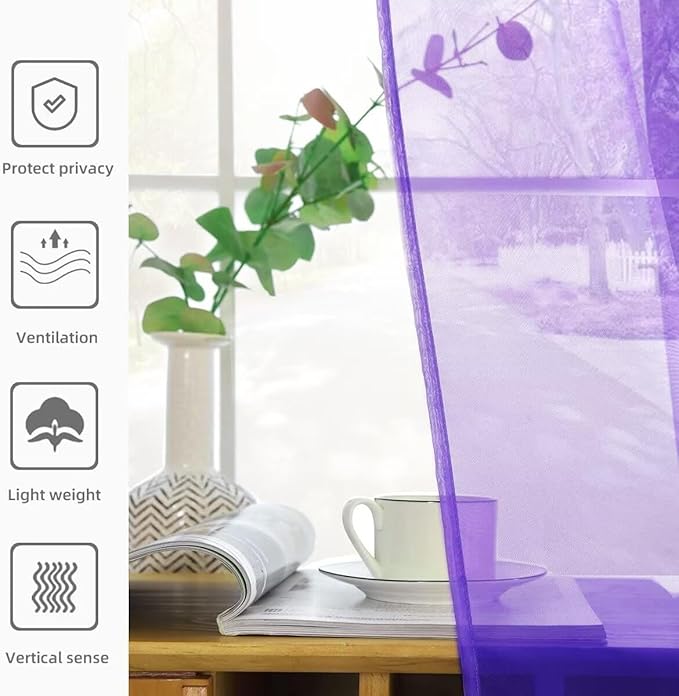 youleyar Solid Sheer Rod Pocket Curtain Voile Draperies 2 Panels White Beige Black Ivory Coffee 22 Inch Width 40 Inch Long 1 Pair for Kitchen Bedroom Children Living Room Yard(Purple,22W x 40L)