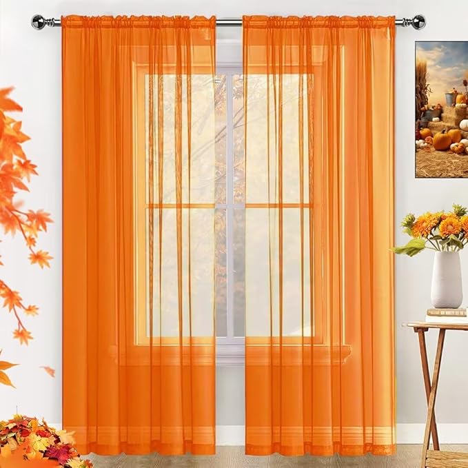 SpaceDresser Basic Rod Pocket Sheer Voile Window Curtain Panels White 1 Pair 2 Panels 38 Width 54 Inch Long for Kitchen Bedroom Children Living Room Yard(Orange,38 W x 54 L)