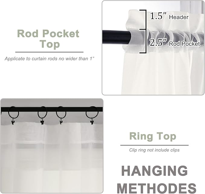 OWENIE Sheer Curtains Ivory, 45" Long Light Filtering Tiers for Kitchen, Bedroom, Short Panels Rod Pocket 2 Panels, Cafe Curtains Small Window, 42" W x 45" L