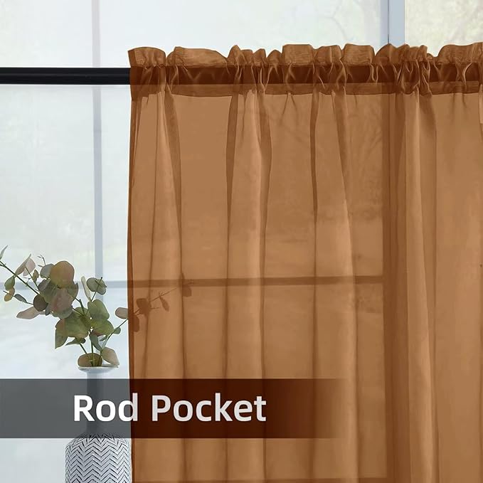 youleyar Solid Sheer Rod Pocket Curtain Voile Draperies 2 Panels White Beige Black Grey Ivory 52 Inch Width 72 Inch Long 1 Pair for Kitchen Bedroom Children Living Room Yard (Light Brown,52Wｘ72L)