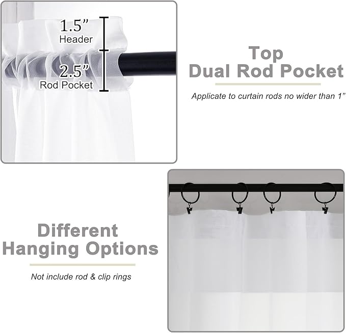 White Sheer Curtains for Bedroom Living Room 96 Inches Long 2 Panels, Modern Airy Soft Lightweight Rod Pocket Light Filtering Sheer Curtains Drapes, White, Each 59" Wx96 L Inch