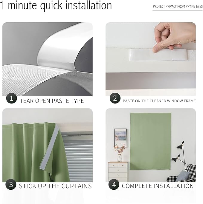Magic Tape Blackout Curtains for Bedroom No Drillng Self Adhesive Curtains No Rod Small Window, 47" W X 96" L, Sage Green, 1 Panel