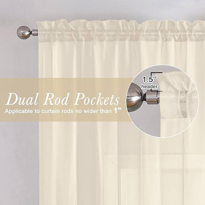 Lecloud Cream Sheer Curtains 63 Inch Length 2 Panels Set, Elegant Voile Window Curtains for Bedroom Living Room, Airy Sheer Drapes for Dinning Room with Rod Pocket, Each Panel 42 X 63 Inch
