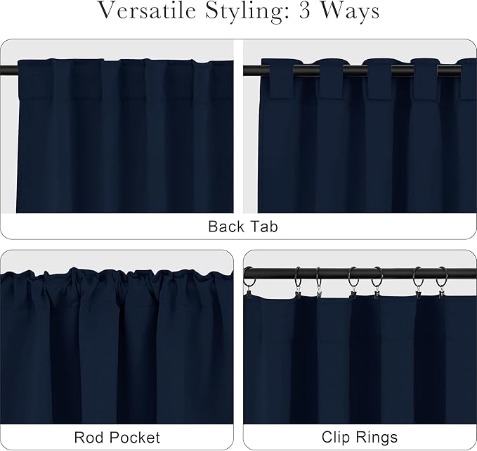 PONY DANCE Blackout Window Curtains - Double Panels Back Tab & Rod Pocket Thermal Insulated Short Drapes for Kitchen Bedroom, 52 Wide x 45 Long Per Panel, Navy Blue, 2 Pieces