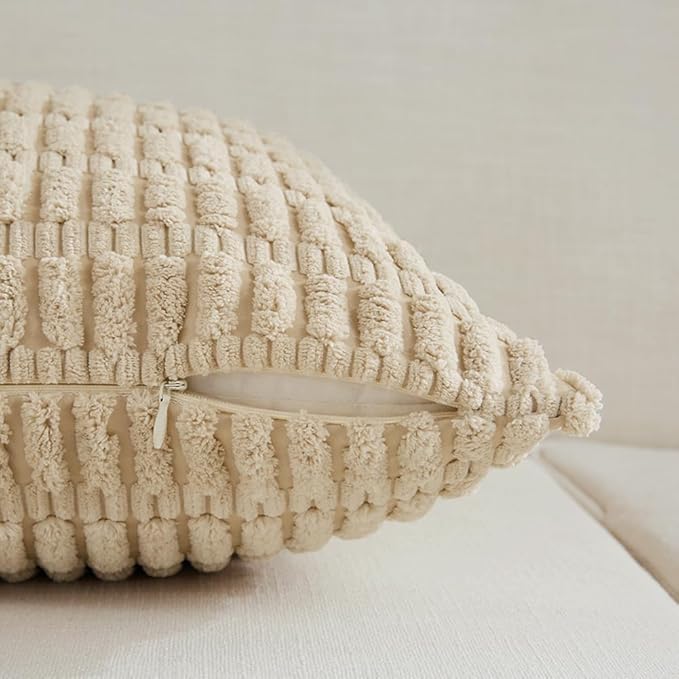 Fancy Homi 4 Packs Tan Decorative Throw Pillow Covers 16x24 Inch for Living Room Couch Bed Sofa, Beige Rustic Farmhouse Boho Home Decor, Soft Plush Striped Corduroy Square Cushion Case 40x60 cm