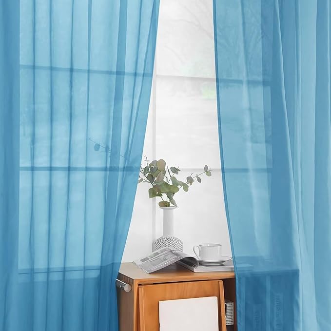 youleyar Solid Sheer Rod Pocket Curtain Voile Draperies 2 Panels White Beige Black Grey Ivory 52 Inch Width 63 Inch Long 1 Pair for Kitchen Bedroom Children Living Room Yard (Blue,52Wｘ63L)