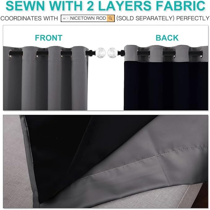 NICETOWN 100% Blackout Curtains with Black Liners, Thermal Insulated Full Blackout 2-Layer Lined Drapes, Energy Efficiency Window Draperies for Bedroom (2 Panels, 42 inches W by 63 inches L, Grey)