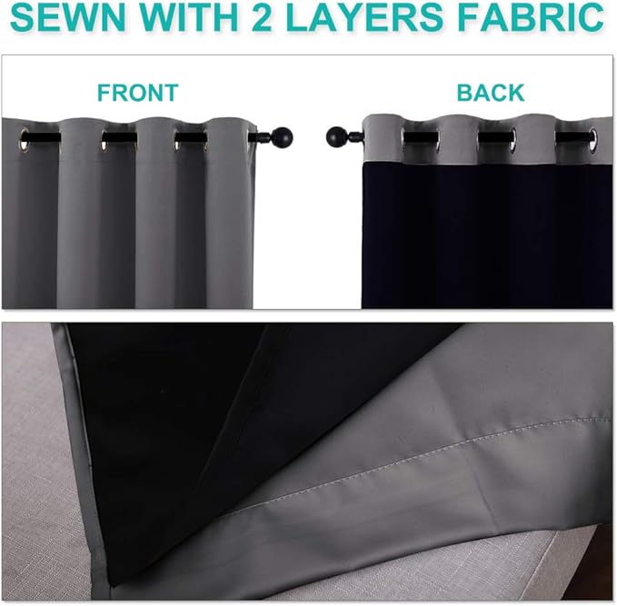 NICETOWN Grey 100% Blackout Curtains 2 Panels with Black Liners, Thermal Insulated Full Blackout 2-Layer Lined Drapes, Noise Cancellation Window Draperies for Dining Room (42-inch W by 54-inch L)