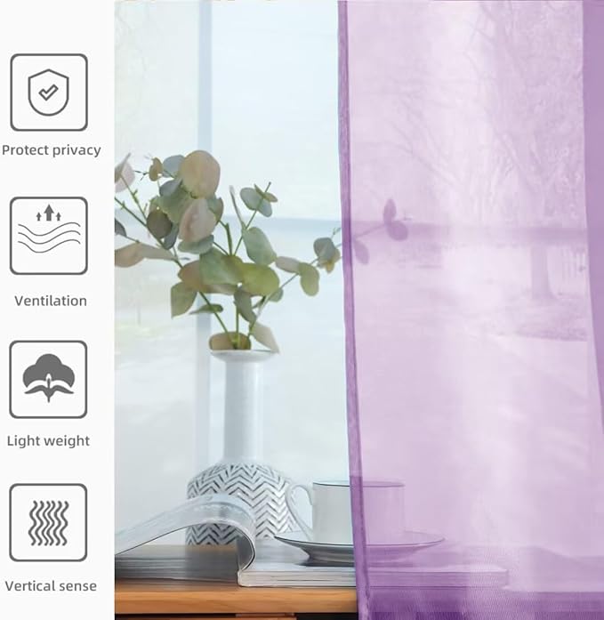 youleyar Solid Sheer Rod Pocket Curtain Voile Draperies 2 Panels White Beige Black Grey Coffee 52 Inch Width 45 Inch Long 1 Pair for Kitchen Bedroom Children Living Room Yard (Lavender,52Wｘ45L)