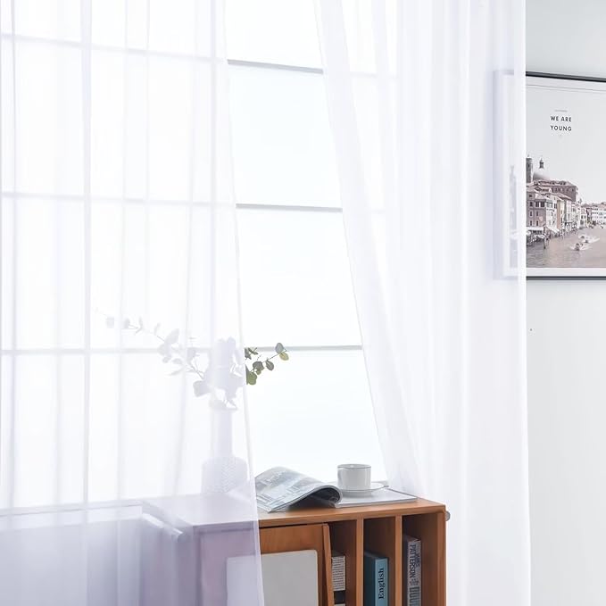 SpaceDresser Optical White Sheer Curtains 4 Panels Rod Pocket Semi-Sheer Curtain 108 Inches Long Light Filtering Voile Window Drapes for Bedroom Living Room Kitchen, Each 52W x 108L