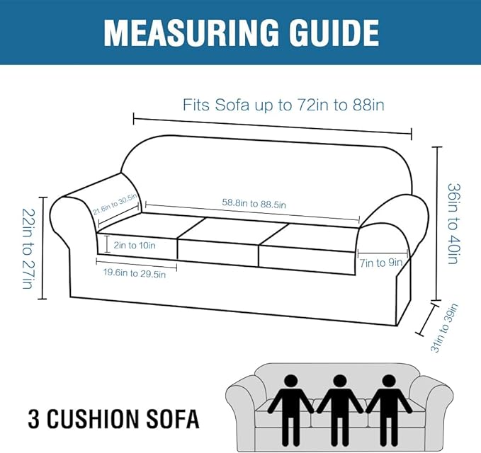 H.VERSAILTEX 4 Piece Stretch Sofa Covers for 3 Cushion Couch Covers for Living Room Furniture Slipcovers (Base Cover Plus 3 Seat Cushion Covers) Upgraded Thicker Jacquard Fabric (Sofa, Island Fossi)