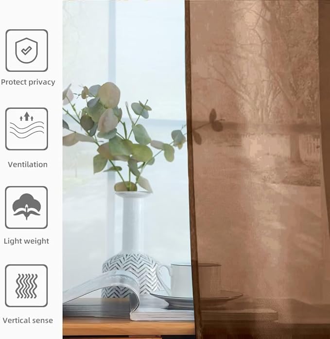 youleyar Solid Sheer Rod Pocket Curtain Voile Draperies 2 Panels White Beige Black Grey Coffee 52 Inch Width 72 Inch Long 1 Pair for Kitchen Bedroom Children Living Room Yard (Brown,52Wｘ72L)