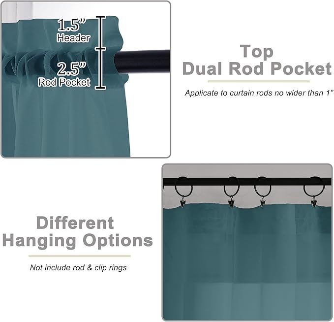 Kitchen Curtains 24 Inch Length Tier 2 Pieces, Dusty Blue Sheer Curtain Solid Soft Sheer Short Curtains for Windows, Cafe Bathroom Basement Rod Pocket Drapes, Dusty Blue, Each 42"Wx24"L Inch