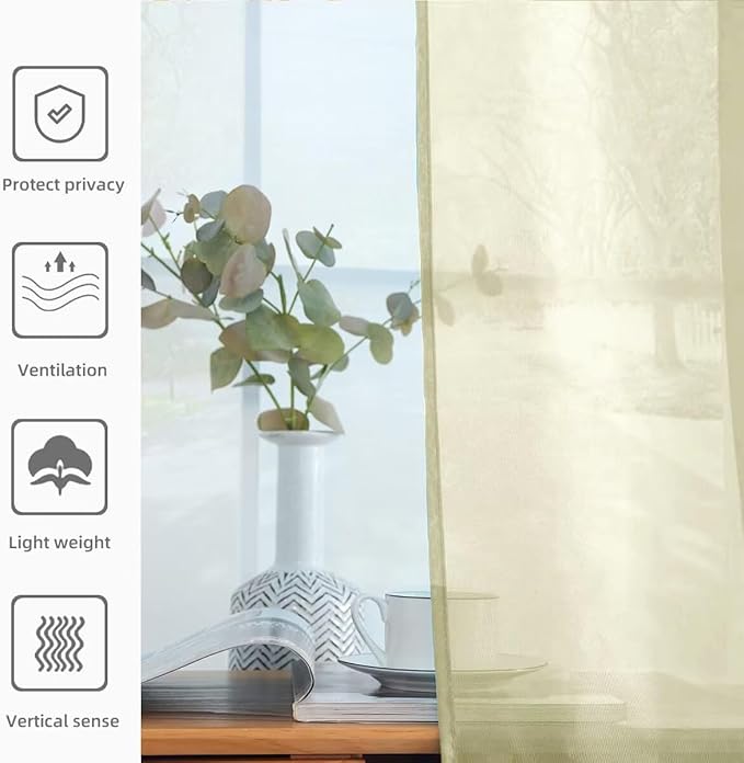 youleyar Solid Sheer Rod Pocket Curtain Voile Draperies 2 Panels White Beige Black Grey Ivory 52 Inch Width 54 Inch Long 1 Pair for Kitchen Bedroom Children Living Room Yard (Sage Green,52Wｘ54L)